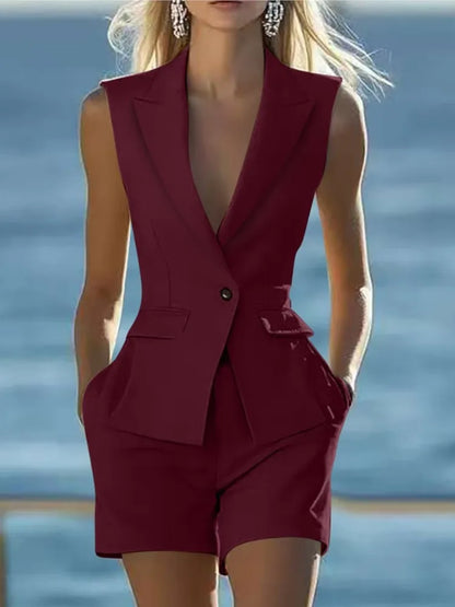 Elegant Women Solid Sleeveless Suit Vest Two Piece Sets Summer Casual Lapel Button Top And Shorts Party Lady Slim Suit Outfits