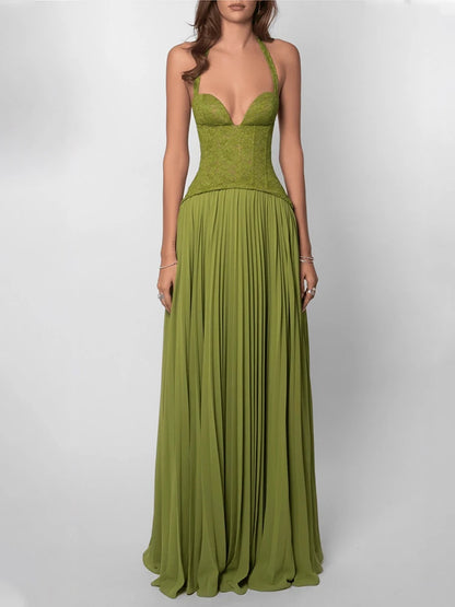 Green Corset Halter Long Dress Women Backless Off Shoulder Pleated Patchwork Slim Maxi Dress 2026 Summer Lady Party Evening Gown