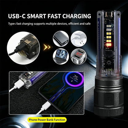 High Power LED Flashlight With Side Light Solar Powered Hand Lantern USB Rechargeable Strong Torch For Outdoor Camping Fishing
