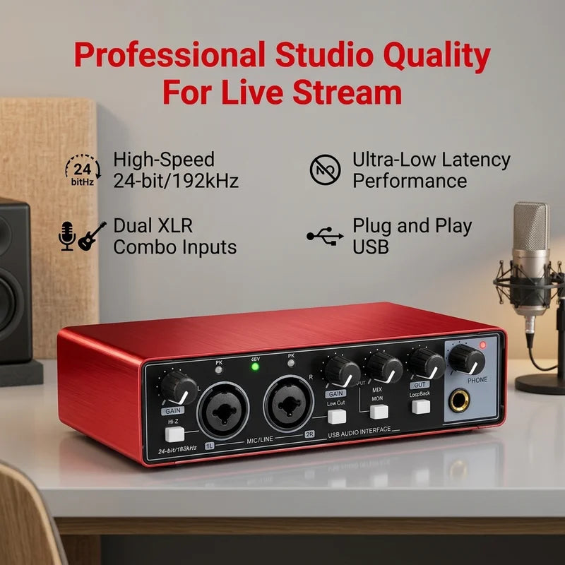 YAMNWEO MD21 Red USB Audio Interface Sound Card, 24Bit/192kHz Dual Channel Sound Card with Dual Inputs for Condenser Microphones & Guitars, Ideal for Live Streaming, Podcasting, Music Production and Live Performances