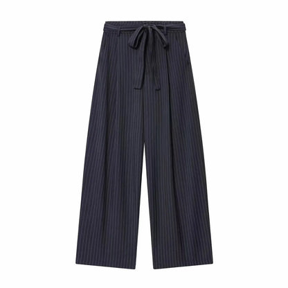 Women Fashion 2-Piece Set Single-breasted Sleeveless V-Neck Pinstripe Vest+Summer Pleated Loose Pocket Belt Zipper Pants