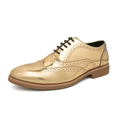 Hot Selling Luxury Gold Men's Business Dress Shoes in Europe America Glossy Brogue Shoes Men's Split Leather Shoes Free Delivery
