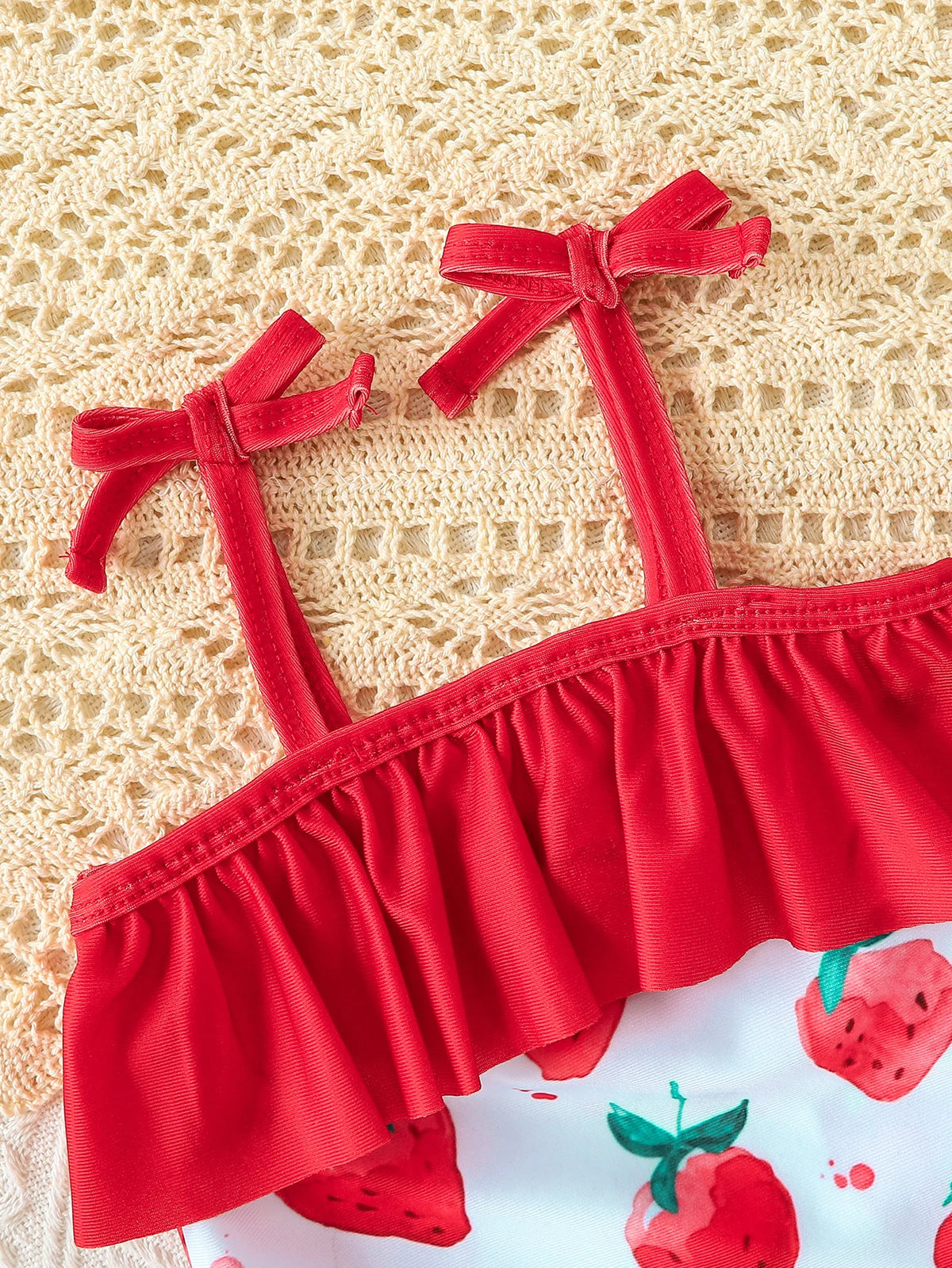 Cute 3-18M baby girl strawberry one-piece swimsuit set with matching sun hat. Watercolor strawberry print, ruffle hem & shoulder