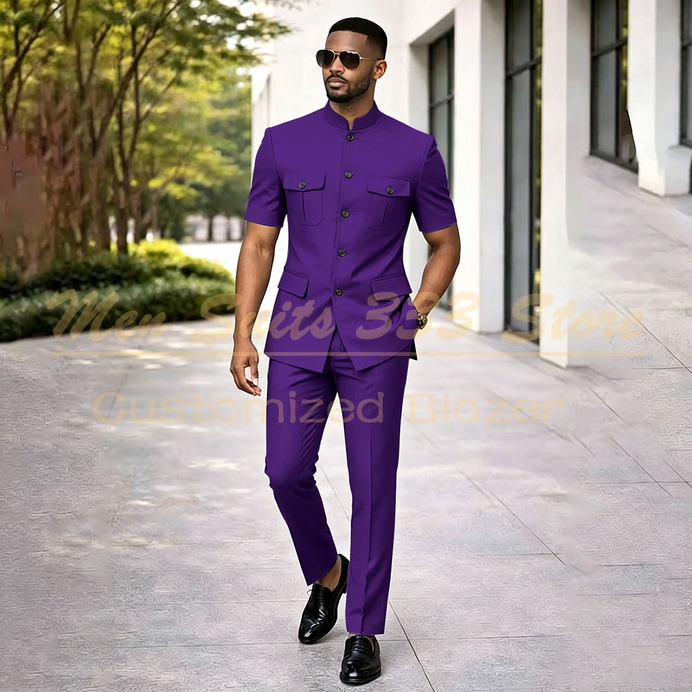 Summer Safari Men's Suits Fashion Regular Fit Short Sleeve Blazer Elegant Luxury Single Breasted 2 Piece Jacket Pants Outfits