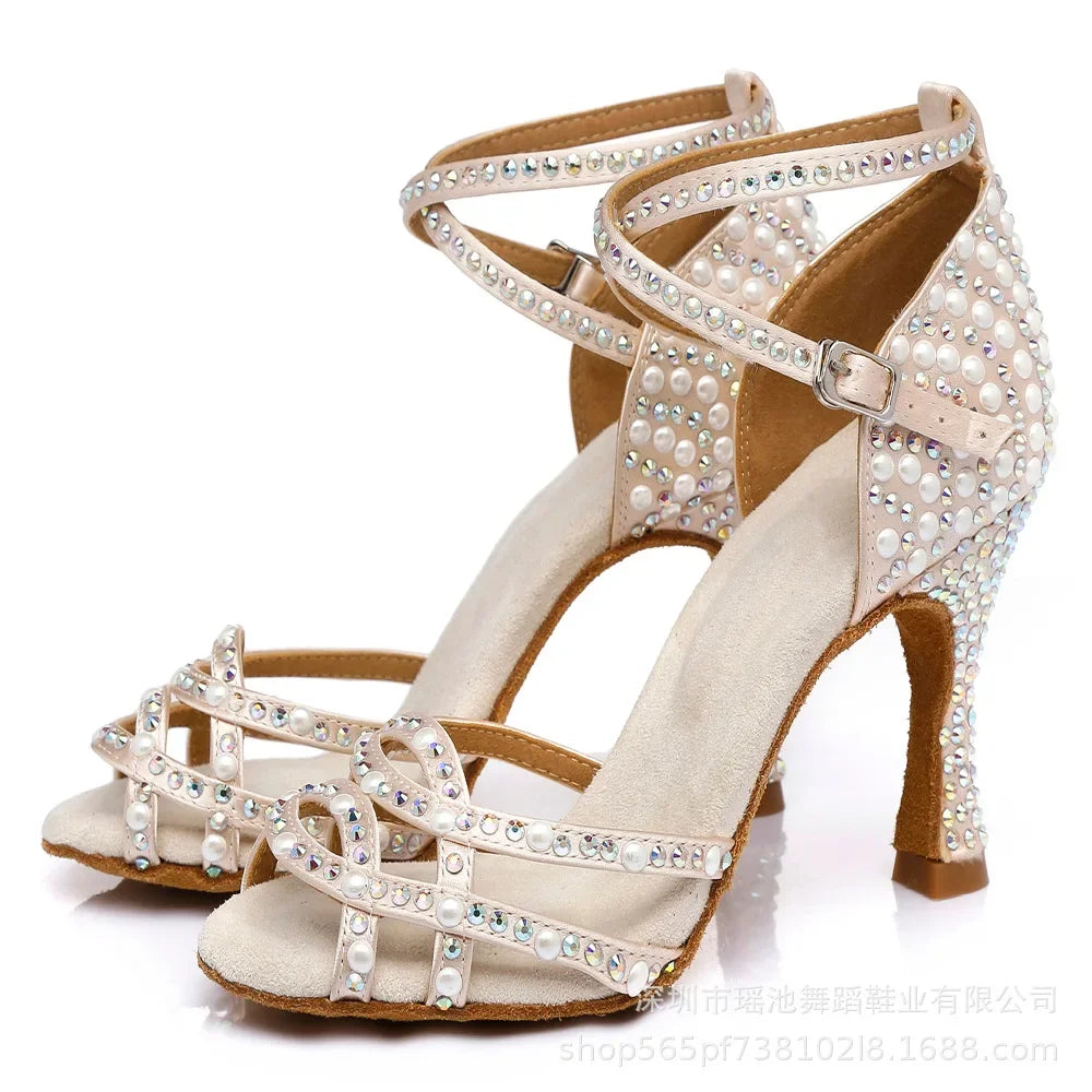 2026 New Pearl Inlaid Latin Cha Heels Modern Jazz Dance Salsa Dance Shoes Square Ballroom Dance International Dance Shoes
