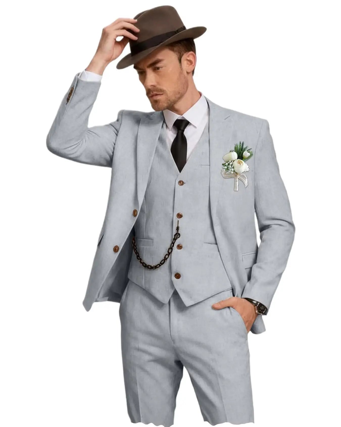 Men's 3 Piece Linen Suit, Slim Fit Notch Lapel Single Breasted Blazer Vest Pants Set Breathable Casual Business Wedding Suit
