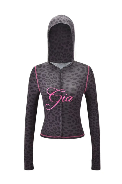 GIA Front Shoulder Slim Fit Jacket Pants Set with Letter Print Design Hooded Zipper Snake Pattern Short Fit Streetwear