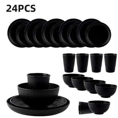 24Pcs Wheat Straw Dinnerware Set for 4: Plates, Bowls, Cups. Unbreakable Plastic for Kitchen & Outdoor Camping