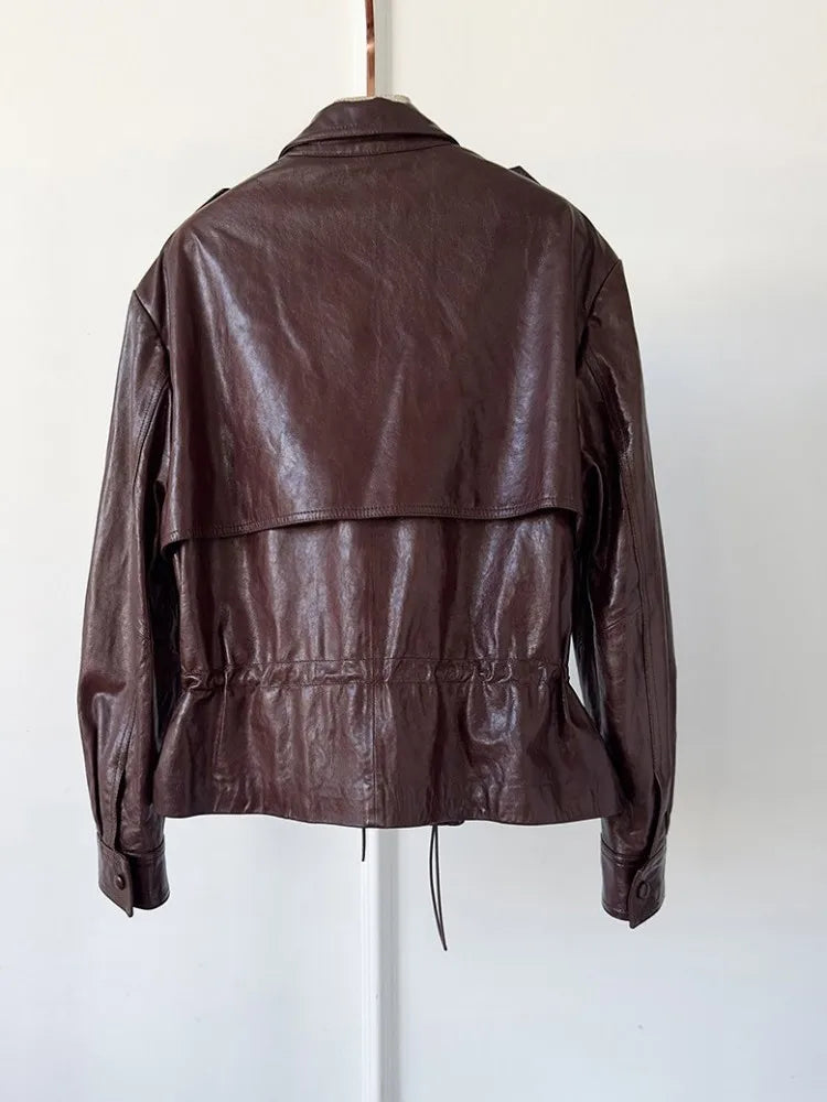 High Quality Chic Ladies Genuine Leather Short Jacket Zipper Turndown Collar Women Retro Oil Wax Sheepskin Jackets Casual Coat