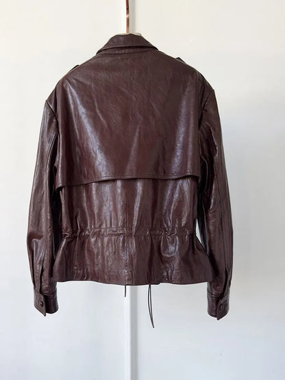 High Quality Chic Ladies Genuine Leather Short Jacket Zipper Turndown Collar Women Retro Oil Wax Sheepskin Jackets Casual Coat