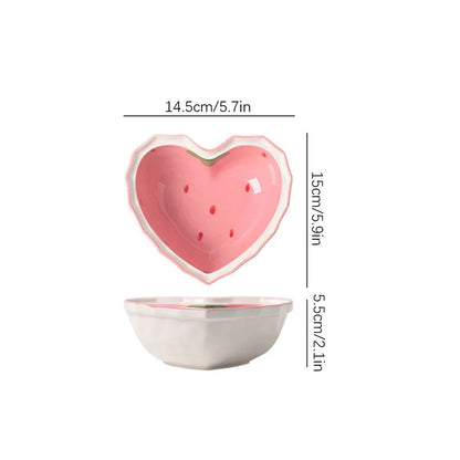 3pcs Strawberry Bowl Spoon Plate Set Beautiful Girl Heart Bowl Salad Bowl Dessert Household Tableware
