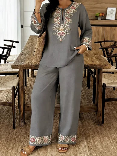 Two Piece Set Women Outfit 2026 Spring Autumn New Floral Print Round Neck Long Sleeve Loose Top & High Waist Casual Pants Set