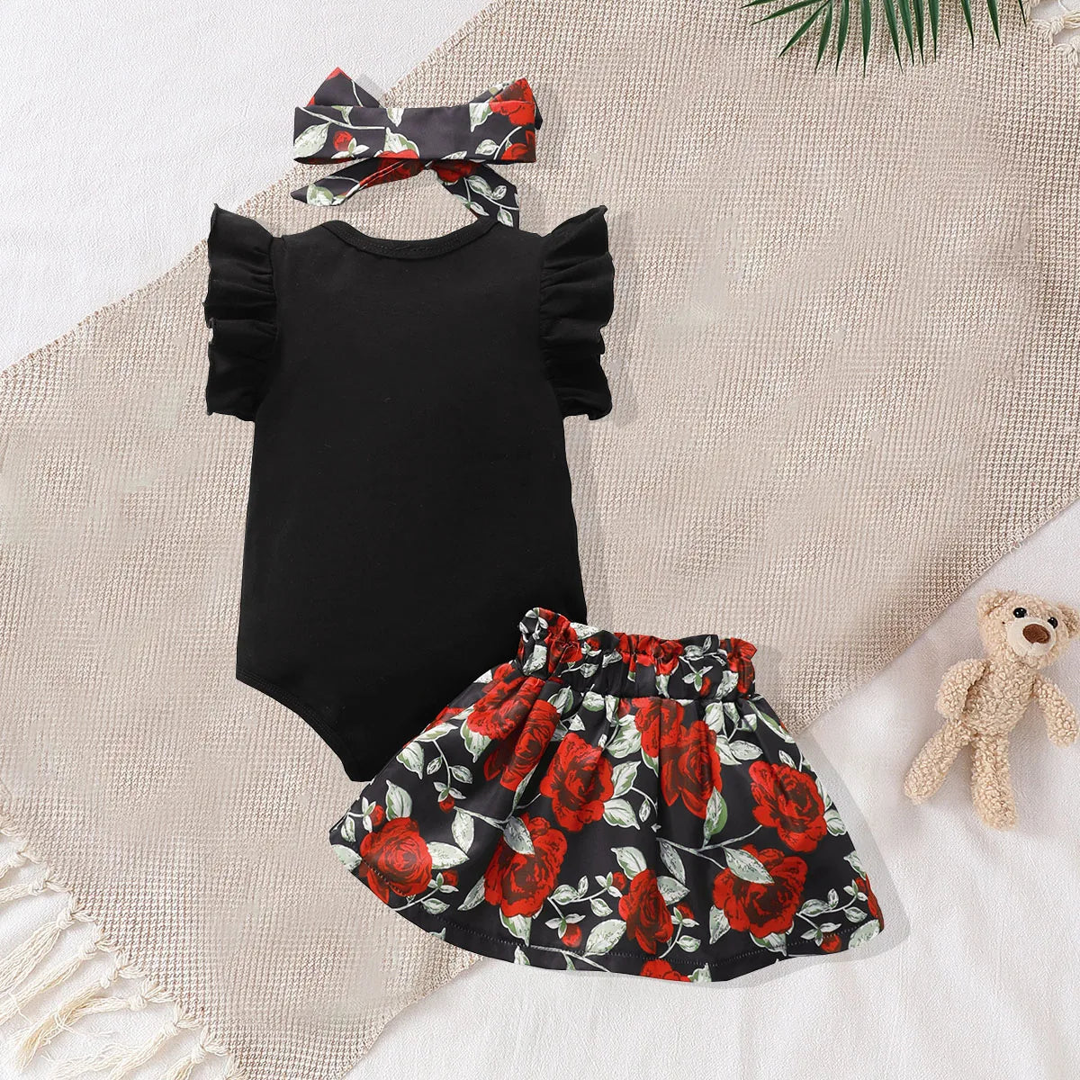 Baby Girl 2Pcs Outfit Black Ruffle Sleeve Bodysuit Red Rose Floral Skirt Headband Set Newborn Infant Summer Clothes