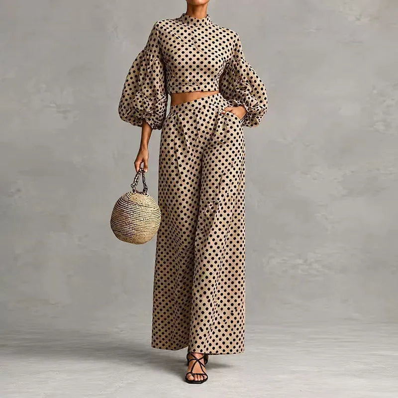Vintage Polka Dot Matching Suits Women Mock Neck Lantern Sleeve Cropped Short Blouse & Loose Pants Sets Casual Two Piece Outfits
