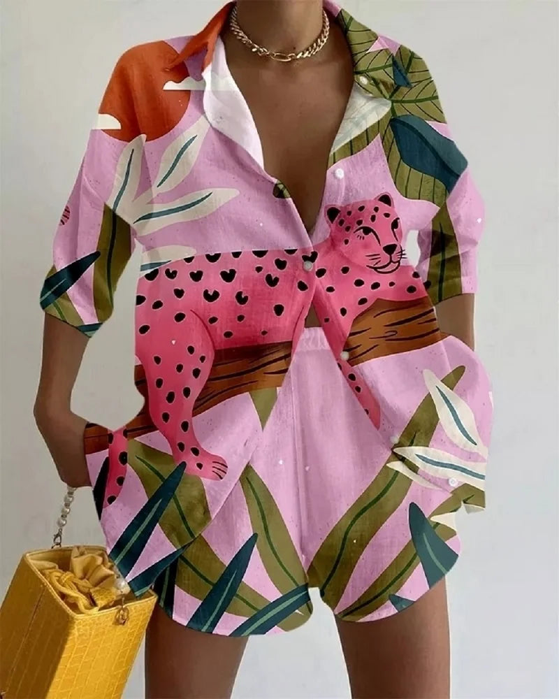 Summer Fashion Print Beach Holiday 2-Piece Set Women Long Sleeve Shirt Top+Wide Legs Short Women Oversized Two-Piece Outfit