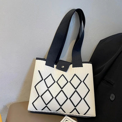Rhombus Line Knitted Hand Bag Female All-Match Snap Button Portable Tote Bag Large Capacity Student Fine Needle Wallet Autumn
