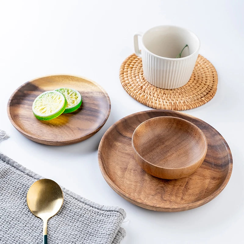 Wooden Dinner Plates Household Round Coffee Tray Solid Wood Tea Saucer Ins Japanese Style Dim Sum For Food Snack Dishs