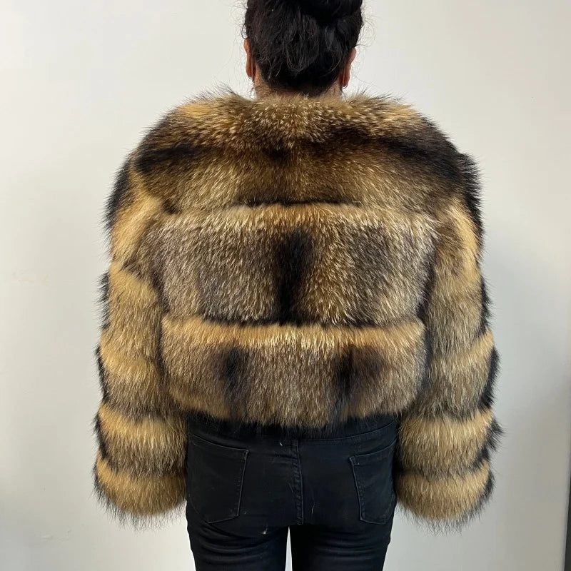 BEIZIRU Women's Short Real Raccoon Fur Coat Winter Long Sleeve Hooded Natural Luxury Thick Jacket for Fashionable Cold Weather