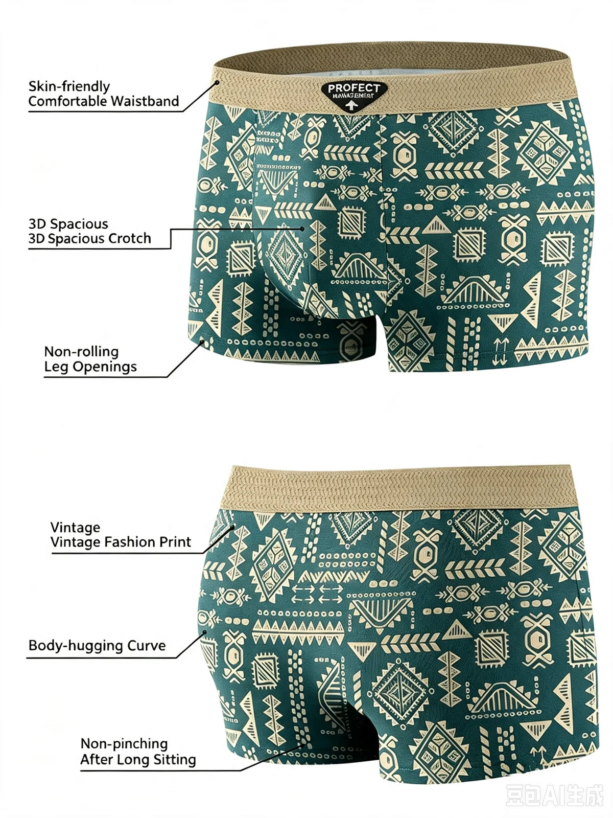 3pcs/set Fashion Men Underwear Men's Retro Geometric Print Boxer Briefs Soft Breathable Mid-Waist Underwear Comfortable Shorts
