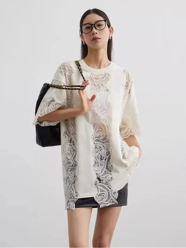 Women White Lace Hollow Out Top Short Sleeve Blouse Crochet Detail Casual Elegant Summer Shirt Fashion Clothing