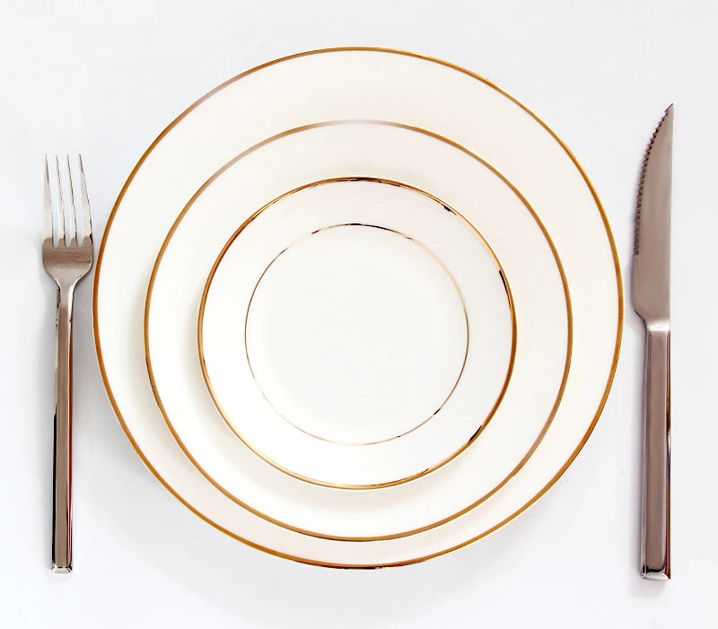 3pcs/lot, 10&8&6 Inch, Real Bone China Dinner Plates, Golden Lined Dishes and Plates Sets, Cake Plate Servies, Porcelain Platter