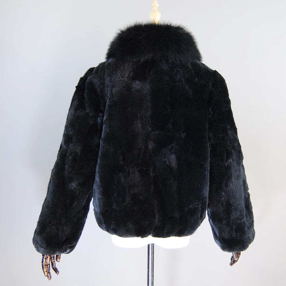New Luxury Lady 100% Natural Rex Rabbit Fur Coat Women Winter Thick Warm Real Rex Rabbit Fur Jacket With Quality Fox Fur Collar