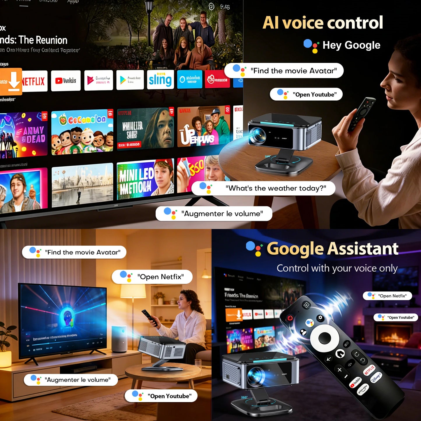 XIWBSY 3200ANSI T07Plus Google Voice Projector Android 14.0 Netflix Projector BT5.4 Wifi6 Home Theater Google TV Projector