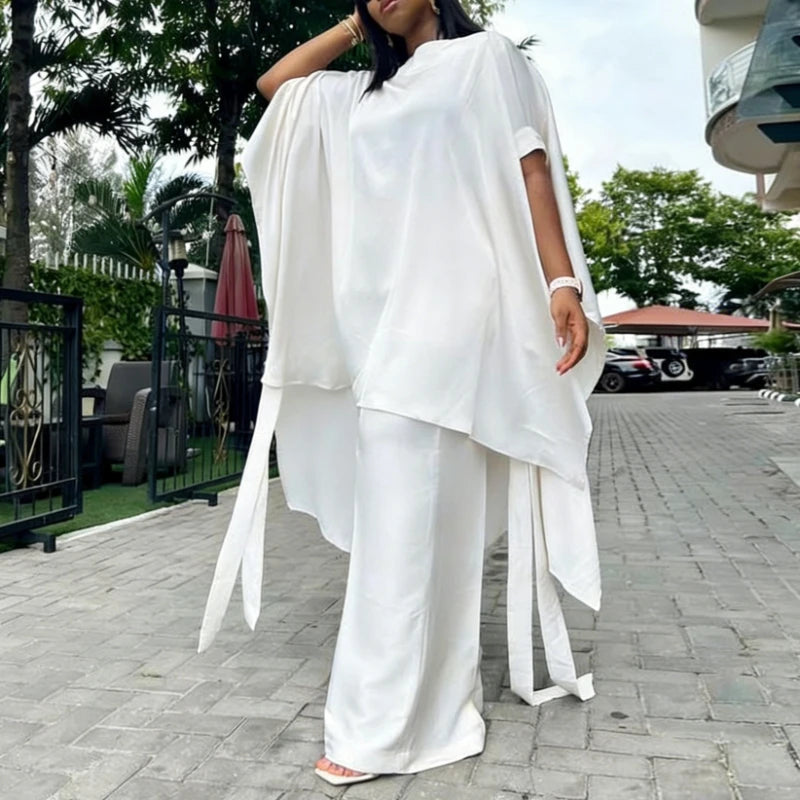Two Piece Set Women O Neck Short Sleeve Loose Maxi Tops Wide Leg Pants Suit Fashion Elegant Simple Casual Africa Church Outfits