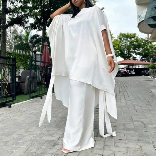 Two Piece Set Women O Neck Short Sleeve Loose Maxi Tops Wide Leg Pants Suit Fashion Elegant Simple Casual Africa Church Outfits