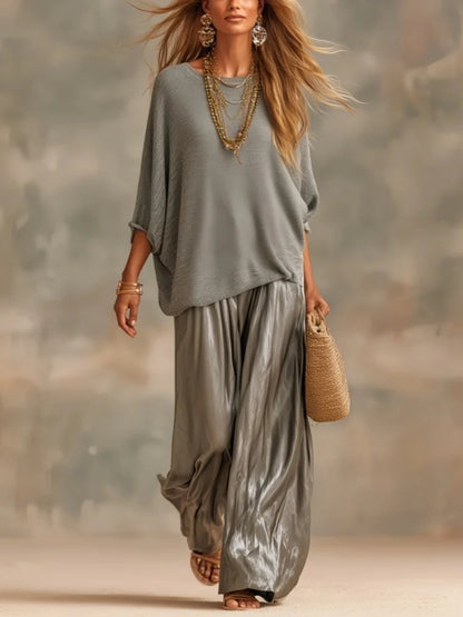 Fashion Women Trousers Suits Loose Round Neck Batwing Sleeve Knit T-shirt with Satin Wide-leg Pants Autumn Elegant Two Piece Set