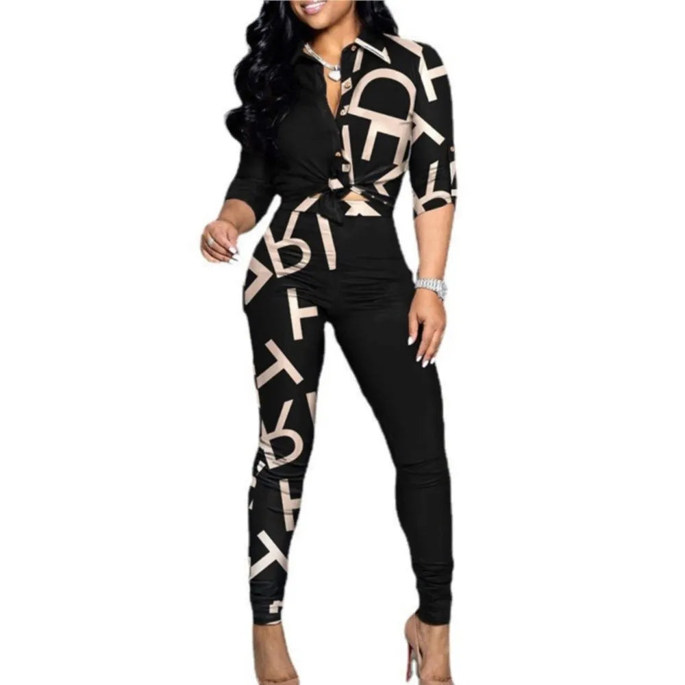Women's Spring Summer New Set Fashion Color Blocked Printed Long Sleeve Collar Single Breasted Shirt Casual Pants Two Piece Set
