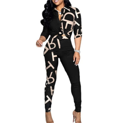 Women's Spring Summer New Set Fashion Color Blocked Printed Long Sleeve Collar Single Breasted Shirt Casual Pants Two Piece Set