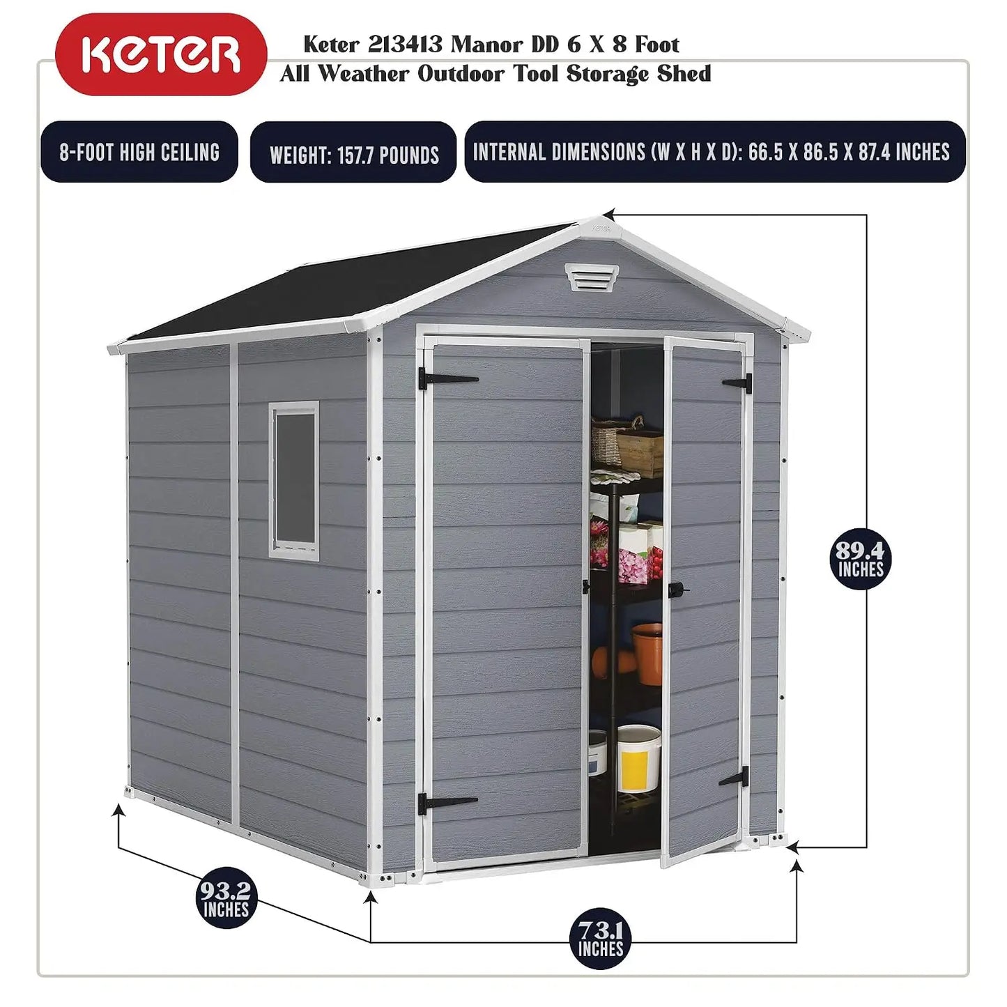 Manor 6x8 Foot All Weather Garden Tool Outdoor Storage Shed with Lockable Double Doors, Fixed Window and Wood-Look, Custom