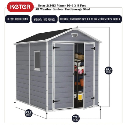 Manor 6x8 Foot All Weather Garden Tool Outdoor Storage Shed with Lockable Double Doors, Fixed Window and Wood-Look, Custom