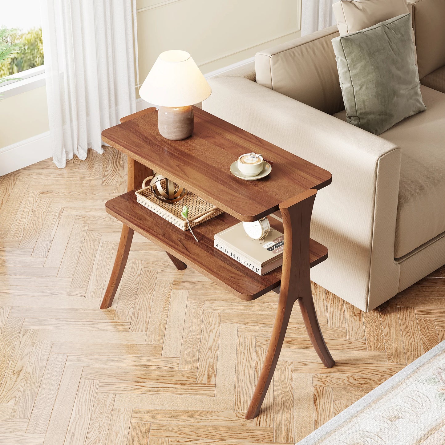 Tribesigns Walnut Side Table for Living Room, Narrow End Table with 2-Tier Storage Shelf and Solid Wood Legs, Slim Bedside Table