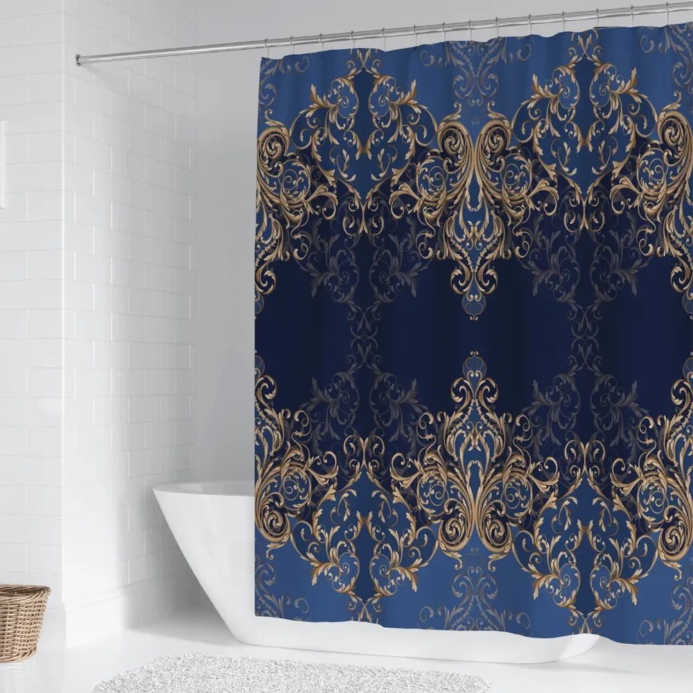 Luxury Red Gold Damask Print Shower Curtain, Waterproof Polyester Bathroom Curtain with Hooks