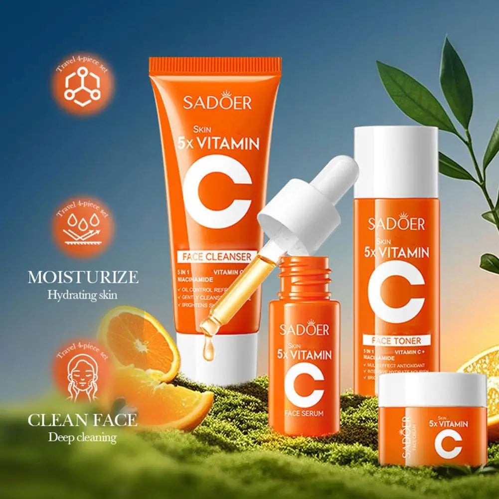 5pcs Vitamin C Skincare Set Travel Portable Face Cream Toner Cleanser and Serum Essence Moisturizing Refreshing Rejuvenate New