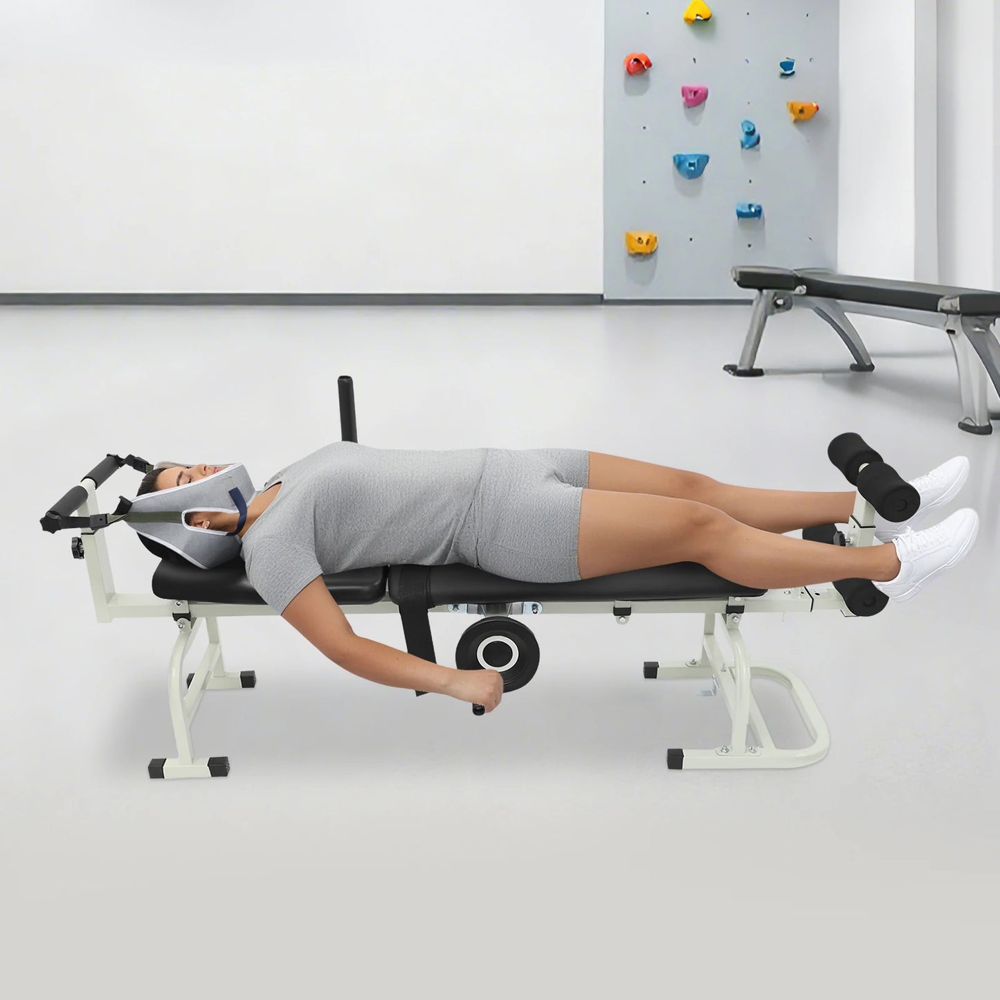 59.06-74.8in Long Back Stretch Bench,Adjustable Multifunctional Neck Stretcher Cervical Stretch Device, Handwheel Control Cervical Lumbar Traction Bed for Wellness Centers