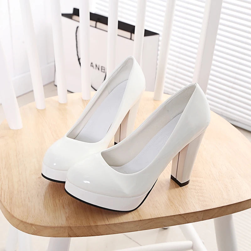 High Heels Pumps Shoes Women White Wedding Shoes Thick 10 CM Heels Fashion Party Pumps Footwear Black Red Round Zapatos De Mujer