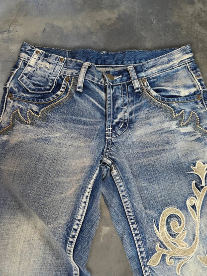 HOUZHOU Vintage Embroidery Patchwork Women Flared Jeans Y2k Harajuku Wide Leg American Style Denim Pants Baggy Punk Streetwear