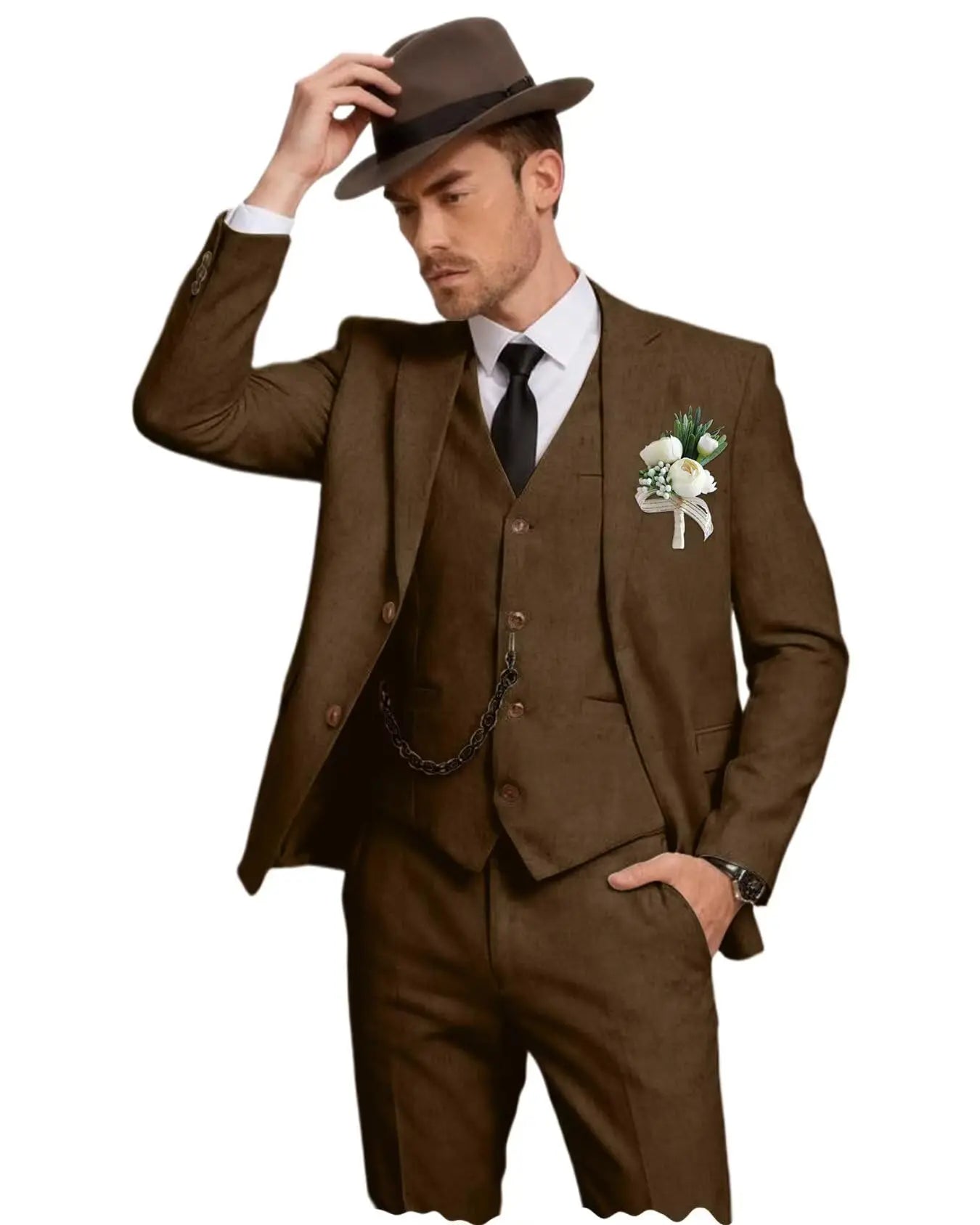 Men's 3 Piece Linen Suit, Slim Fit Notch Lapel Single Breasted Blazer Vest Pants Set Breathable Casual Business Wedding Suit