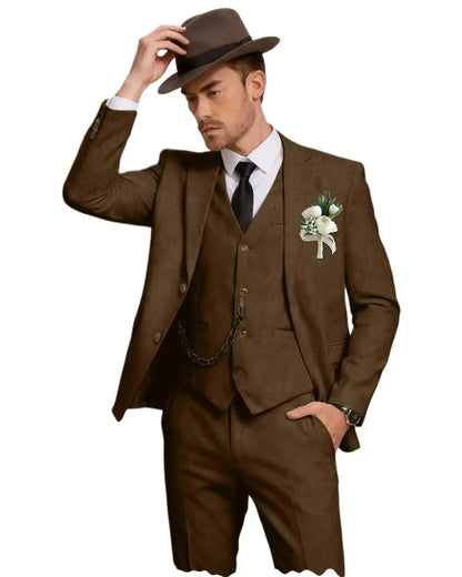 Men's 3 Piece Linen Suit, Slim Fit Notch Lapel Single Breasted Blazer Vest Pants Set Breathable Casual Business Wedding Suit