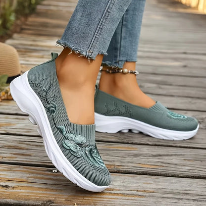 2026 Summer Women Breathable Knit Floral Embroidery Platform Loafers Slip On Walking Shoes Lightweight Soft Cushion Insole Anti Slip Wedge Sole Comfort Casual Daily Outdoor Travel Nurse Footwear Black Khaki Green Multiple Siz