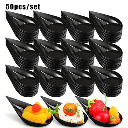 50pcs/set Mini Teardrop Appetizer Plates, Disposable Serving Plates, Small Catering Dessert Tasting Cups, Drop Proof Spoon Set,