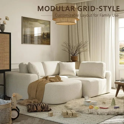 L-Shaped Sectional Sofa with Chaise, No Assembly, Ivory Beige Bouclé-Style Upholstery for Living Room