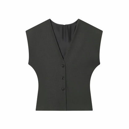 Women Fashion 2-Piece Set Single-breasted Sleeveless V-Neck Pinstripe Vest+Summer Pleated Loose Pocket Belt Zipper Pants
