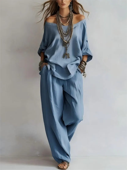 2026Fashion V Neck 7 Button Sleeve Women Top Set 2 Pieces Spring Summer Elegant Loose Fitting Wide Leg Pockets Pants Female Suit