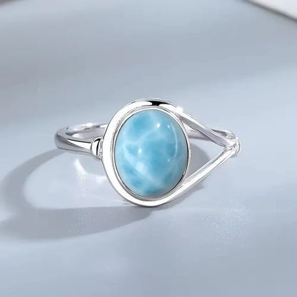 Vintage 925 Silver Ring Natural Larimar Stone Round Flower Shape Sky Blue Sea Water Ring Fine Jewelry Party Gifts For Women Men