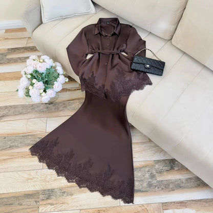 Women Two Piece Sets Skirt Set Turn Down Collar Lace Sexy Full Sleeve Tops Long Skirts High Waist Y2k Streetwear Elegant Work