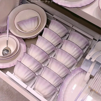 Kitchen Dishware Gift Box Set Gradient Purple Dishware Set Household French Ceramic Rice Bowls and Plates Set Household Smoky Purple Dyed Dishware